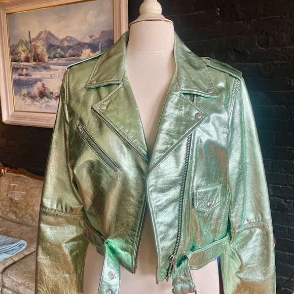 Veda Metallic Mint Green Cropped Leather Biker Jacket | New Without Tags - Picture 6 of 9